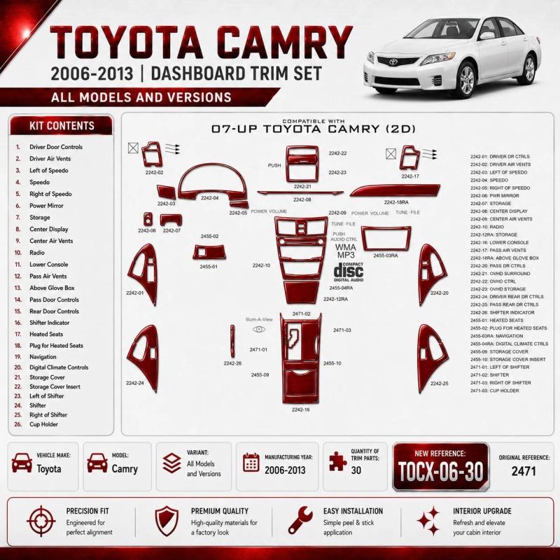 Toyota Camry 2006-2013 interieur dashboard decoratieset dashboard decor 30 delen