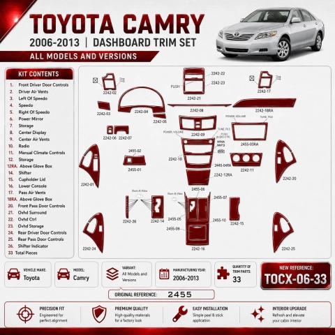 Toyota Camry 2006-2013 kit décoration intérieure tableau de bord 33 pièces