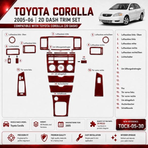 Toyota Corolla 2005 3D Cockpit Dekor Interieurleisten Set 30-teilig