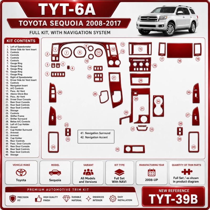Toyota Sequoia 2008-UP Full Set, With NAVI Interior Dashboard Trim Kit Dash Trim Dekor