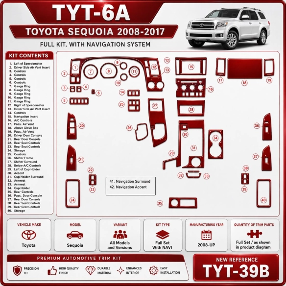 Toyota Sequoia 2008-UP Full Set, With NAVI Interior Dashboard Trim Kit Dash Trim Dekor