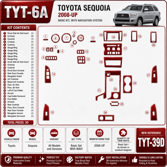 Toyota Sequoia 2008-heden Basic Set, With NAVI interieur dashboard decoratieset dashboard decor