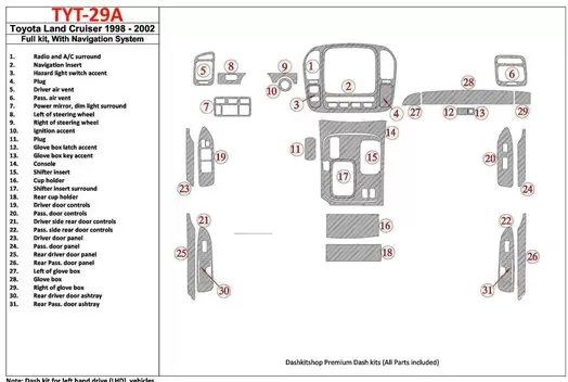 Toyota Land Cruiser 1998-2002 With NAVI, 31 Parts set Decor de carlinga su interior