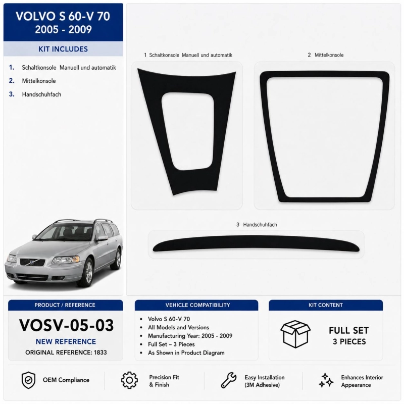 Volvo S 60-V 70 2005-2009 kit 3D de molduras interiores para salpicadero 3 piezas