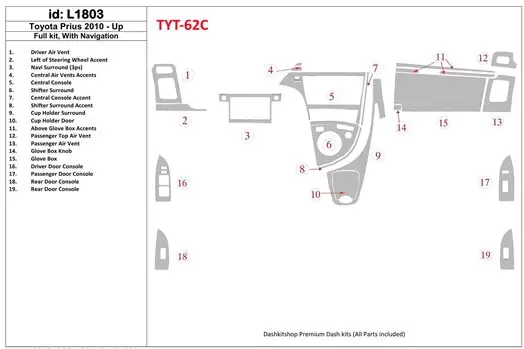 Toyota Prius 2010-UP Full Set, With NAVI system Interior BD Dash Trim Kit