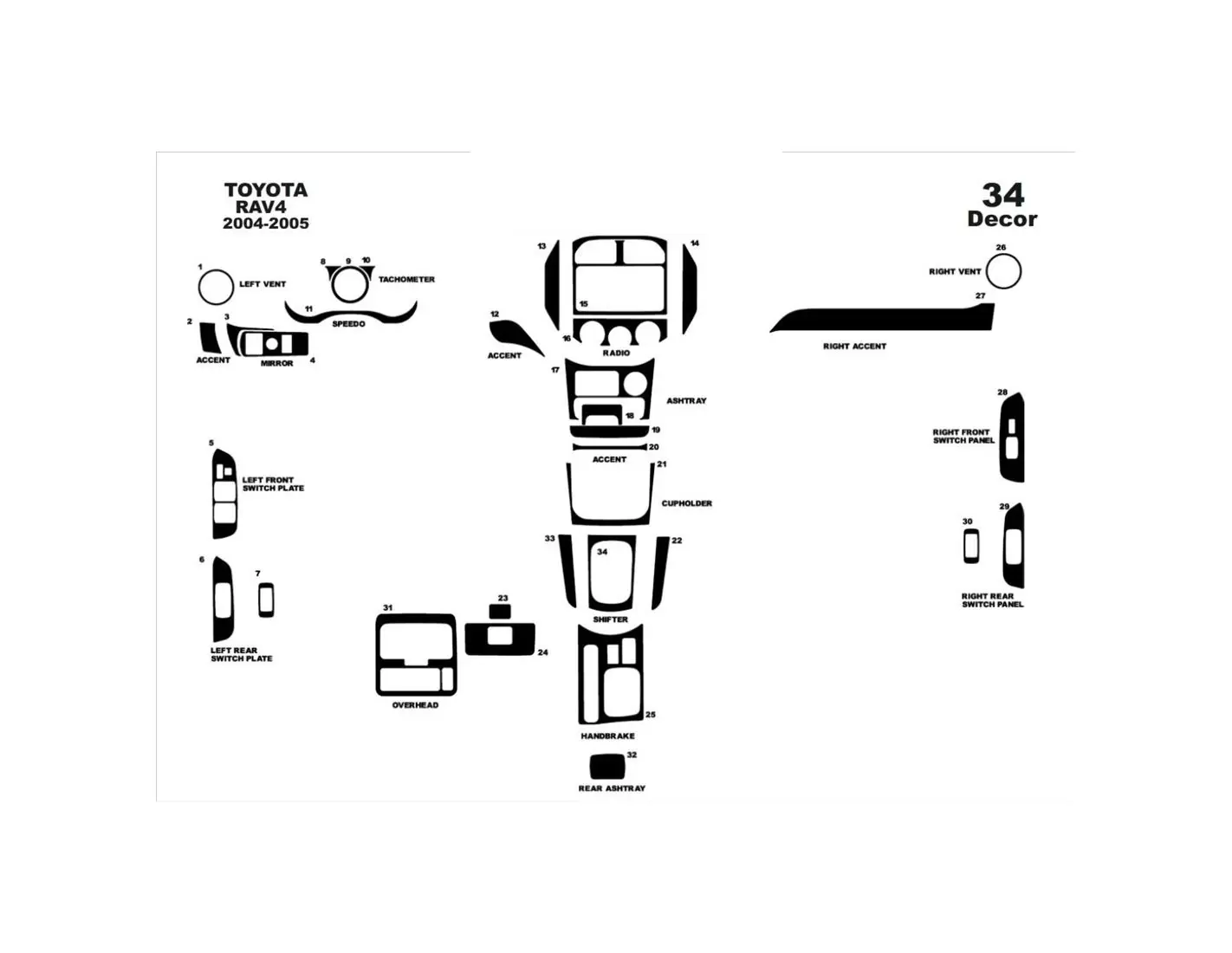 Toyota Rav 4 XA20 03-04 Kit la décoration du tableau de bord 34-Pièce - 1 - habillage decor de tableau de bord