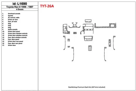 Toyota RAV-4 1996-1997 4 Doors, 17 Parts set BD Interieur Dashboard Bekleding Volhouder