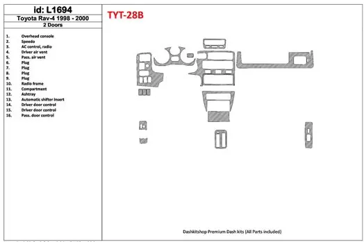 Toyota RAV-4 1998-2000 2 Doors, 16 Parts set Decor de carlinga su interior