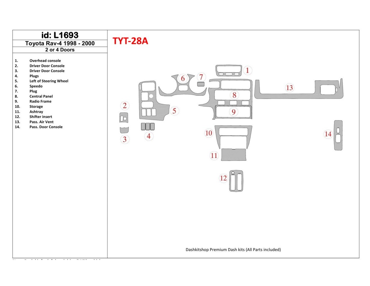 Toyota RAV-4 1998-2000 4 Doors, 20 Parts set Interior BD Dash Trim Kit