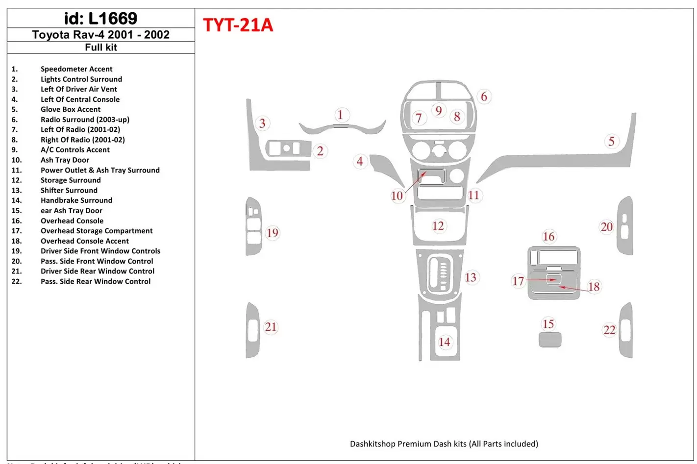 Toyota RAV-4 2001-2002 Full Set Interior BD Dash Trim Kit