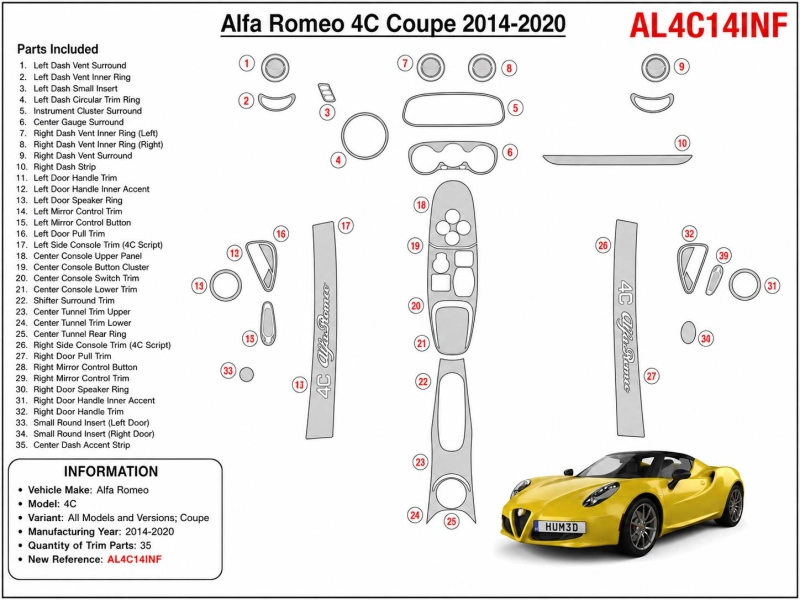 Alfa Romeo 4C Coupe 2014-2020 3D dashboard sierlijstset, 35 delen