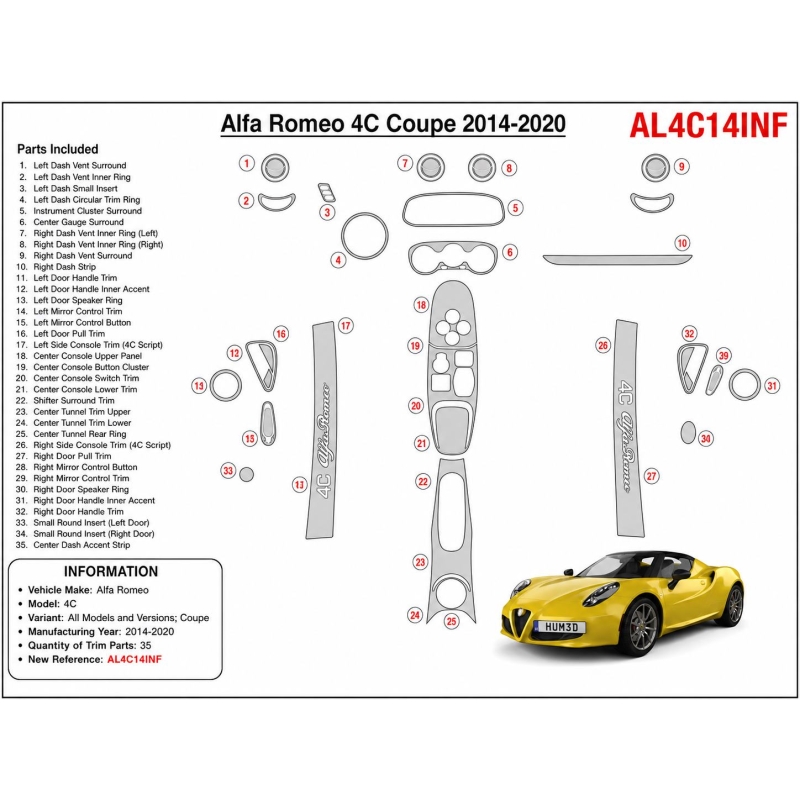 Alfa Romeo 4C Coupe 2014-2020 3D dashboard trim kit, 35 parts