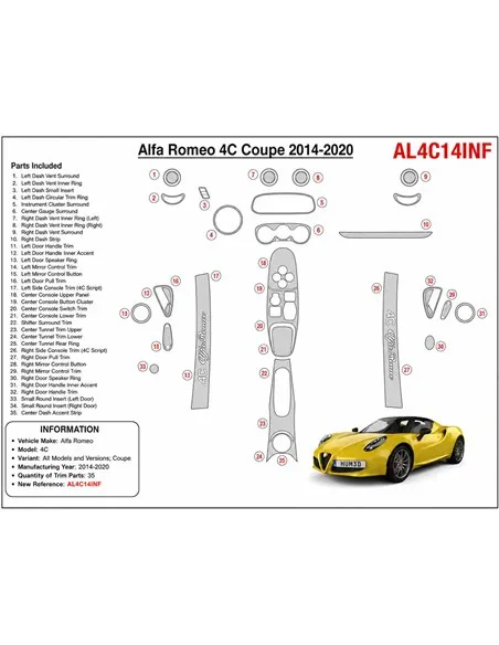 Alfa Romeo 4C Coupe 2014-2020 3D Armaturenbrett-Dekor-Set, 35 Teile