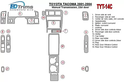 Toyota Tacoma 2000-2004 Manual Gear Box, 2&4 Doors BD Interieur Dashboard Bekleding Volhouder