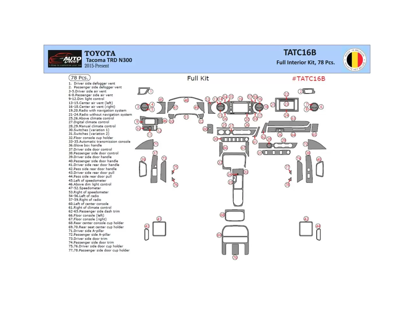 Toyota Tacoma 2016-2020 3D Interior Dashboard Trim Kit Dash Trim Dekor 44-Parts