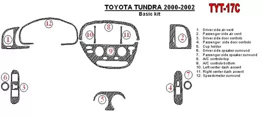 Toyota Tundra 2000-2002 2 & 4 Doors, Basic Set, 12 Parts set BD Interieur Dashboard Bekleding Volhouder