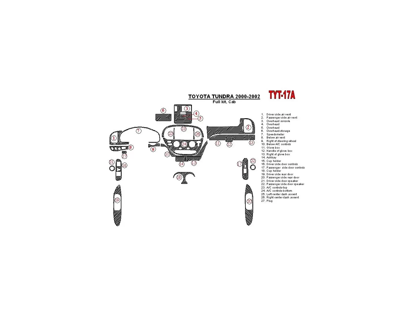 Toyota Tundra 2000-2002 4 Doors, Full Set, 27 Parts set Interior BD Dash Trim Kit