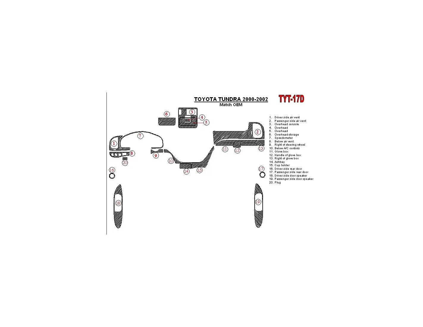 Toyota Tundra 2000-2002 4 Doors, OEM Compliance, 20 Parts set Interior BD Dash Trim Kit