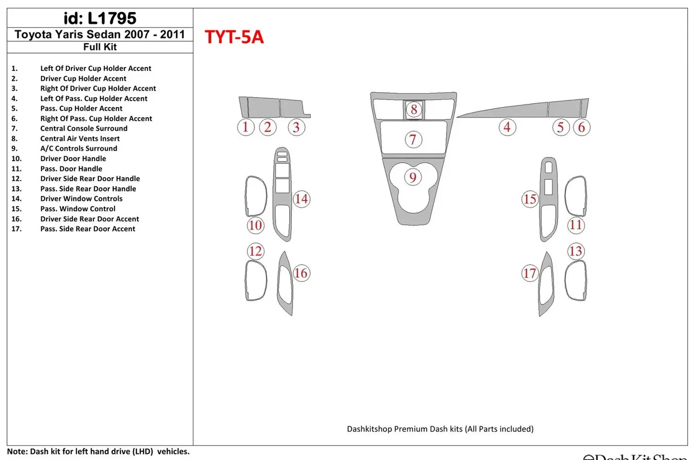 Toyota Yaris 2007-UP Full Set Interior BD Dash Trim Kit