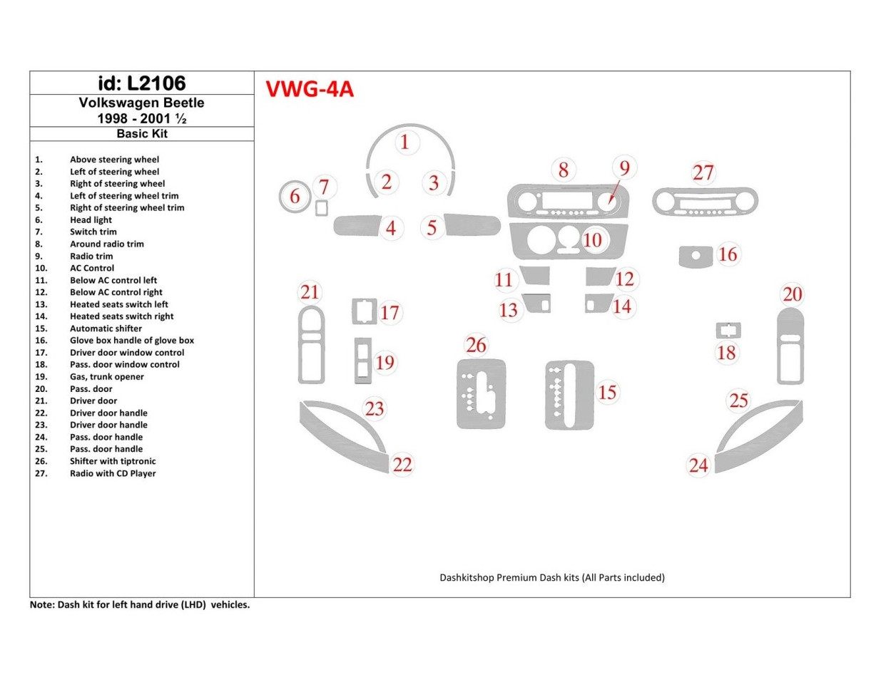 Volkswagen Beetle 1998-2001 Paquet de base BD Kit la décoration du tableau de bord - 1 - habillage decor de tableau de bord