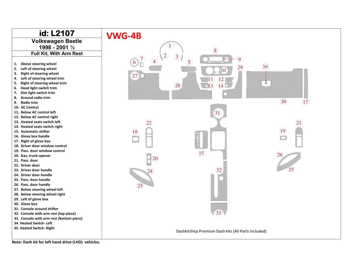 Volkswagen Beetle 1998-2001 Full Set, With Armrest, 33 Parts set Interior BD Dash Trim Kit