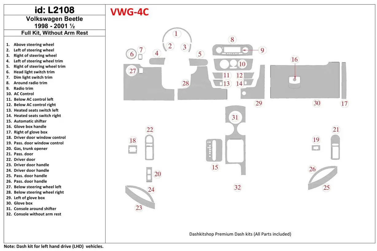 Volkswagen Beetle 1998-2001 Full Set, Without Armrest, 32 Parts set, Interior BD Dash Trim Kit