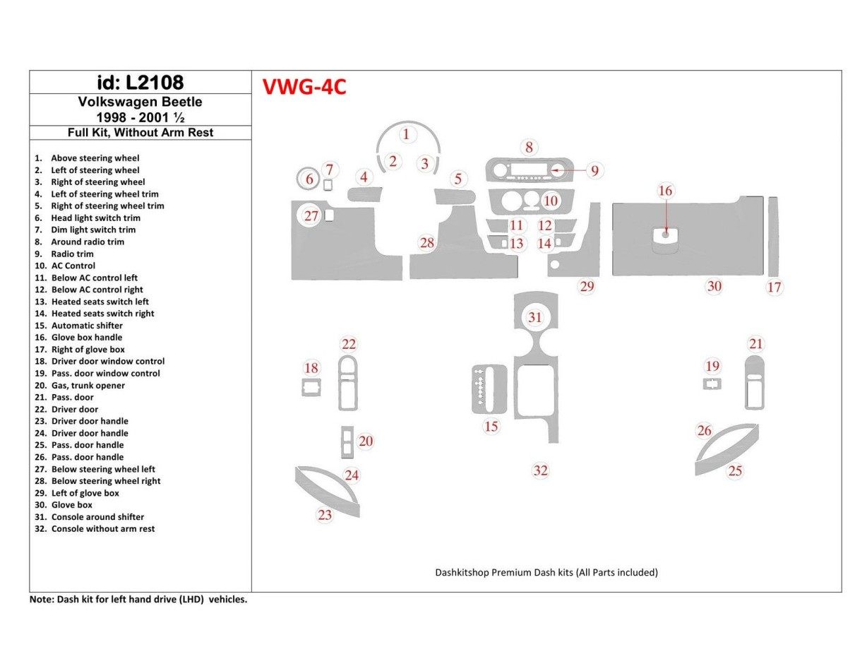 Volkswagen Beetle 1998-2001 Voll Satz, Without Armrest, 32 Parts set, BD innenausstattung armaturendekor cockpit dekor - 1- Cock