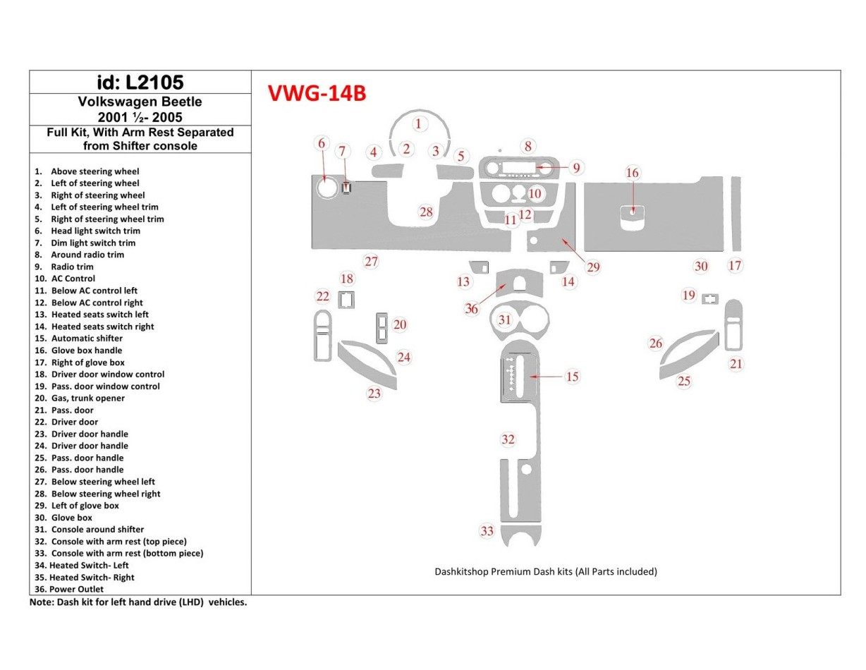 Volkswagen Beetle 2001-2005 Full Set fits Cabrio and Coupe With Armrest Cruscotto BD Rivestimenti interni