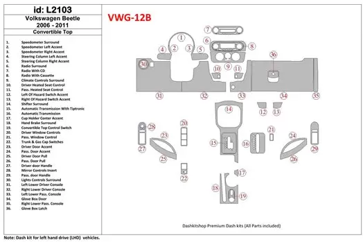 Volkswagen Beetle 2006-2011 Full Set, fits (Cabrio) BD Interieur Dashboard Bekleding Volhouder