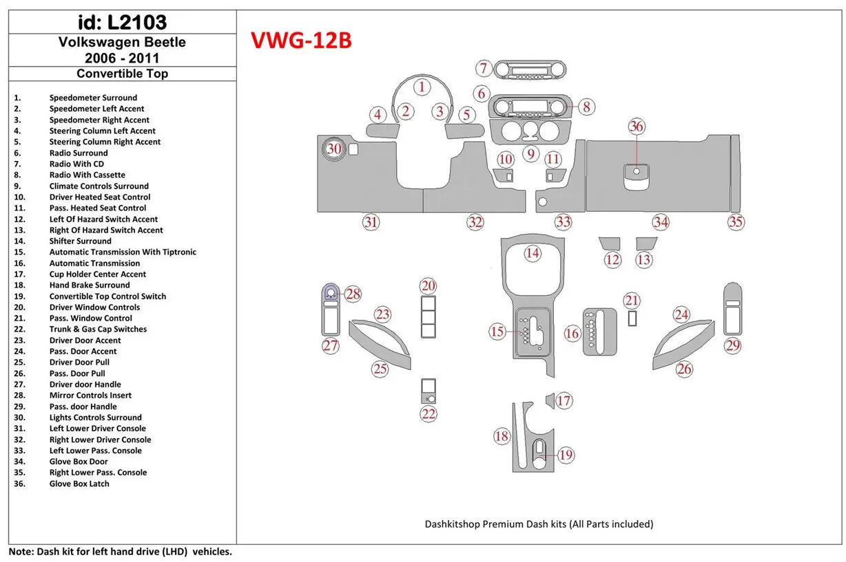 Volkswagen Beetle 2006-2011 Full Set, fits (Cabrio) Interior BD Dash Trim Kit