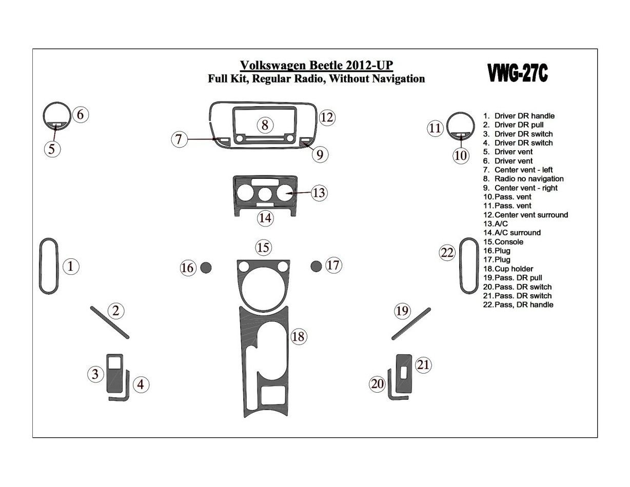 Volkswagen Beetle 2012-UP Full Set, Standart Audio, Without NAVI BD Interieur Dashboard Bekleding Volhouder