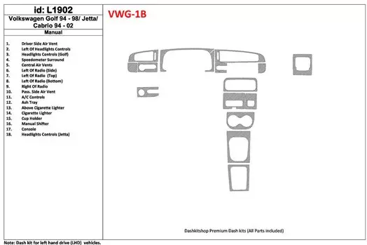 Volkswagen Cabrio 1994-2002 Manual Gearbox, 18 Parts set BD Interieur Dashboard Bekleding Volhouder