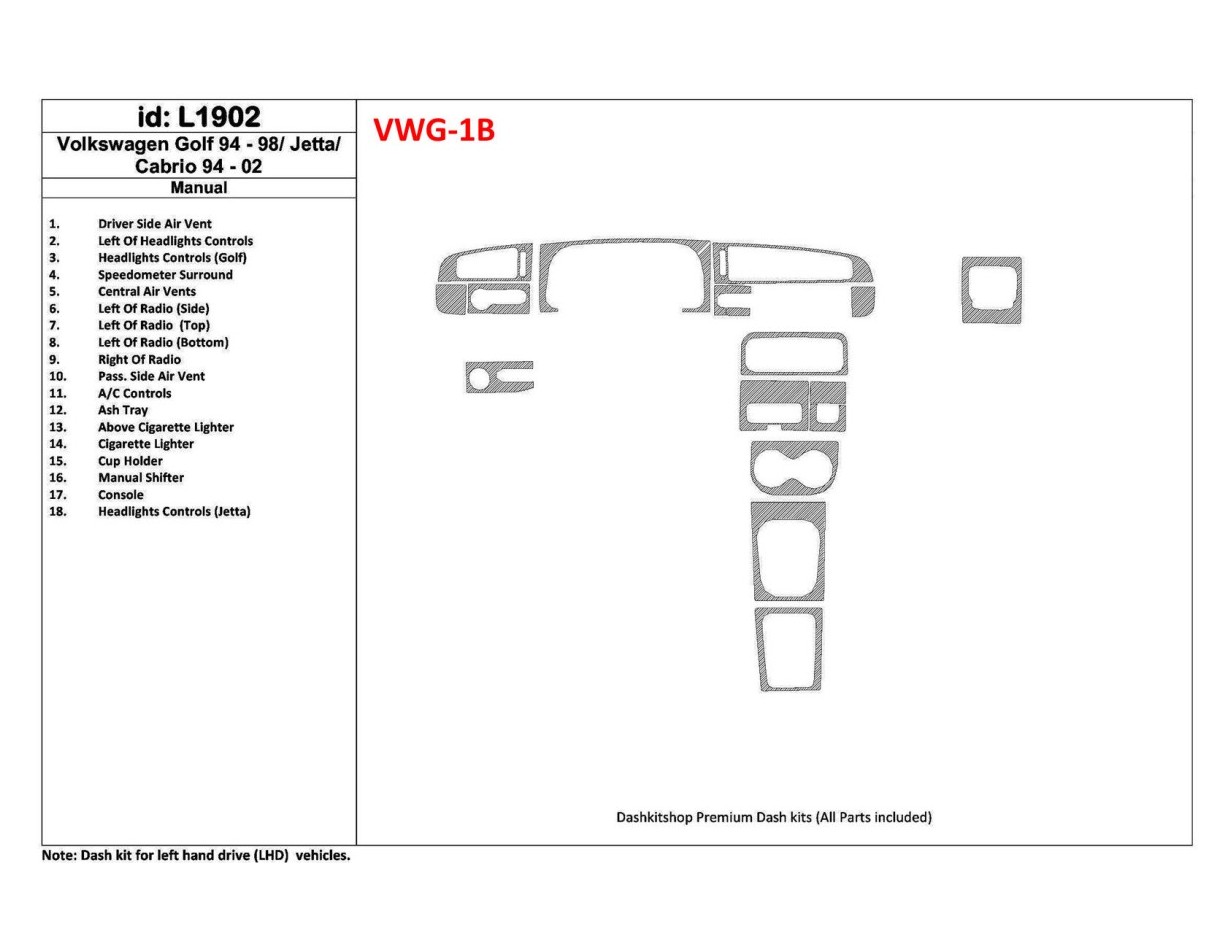 Volkswagen Cabrio 1994-2002 Manual Gearbox, 18 Parts set Interior BD Dash Trim Kit