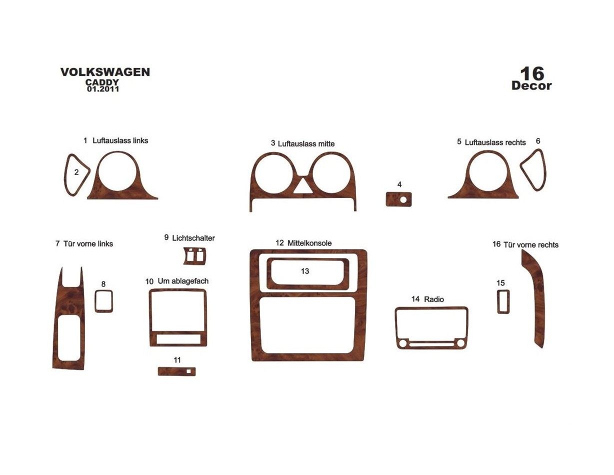 Volkswagen Caddy 09.2010 3M 3D Interior Dashboard Trim Kit Dash Trim Dekor 16-Parts