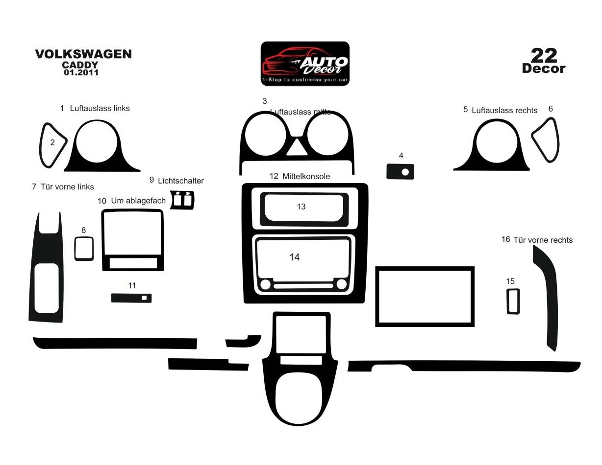 Volkswagen Caddy Full Set 01.2011 3M 3D Interior Dashboard Trim Kit Dash Trim Dekor 22-Parts
