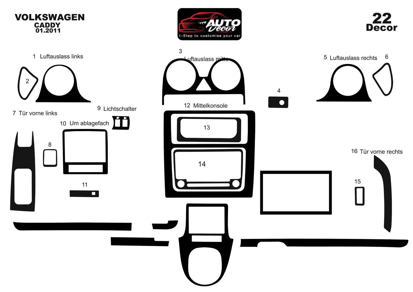 Volkswagen Caddy Full Set 01.2011 3D Interior Dashboard Trim Kit Dash Trim  Dekor 22-Parts
