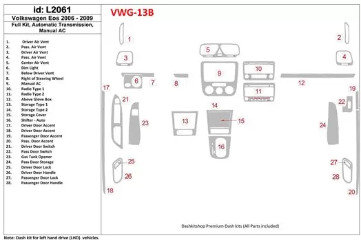 Volkswagen EOS 2006-2009 Ensemble Complet, Boîte automatique, Aircondition BD Kit la décoration du tableau de bord - 1 - habilla