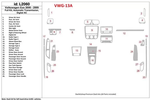 Volkswagen EOS 2006-UP Full Set, Automatic Gear Decor de carlinga su interior