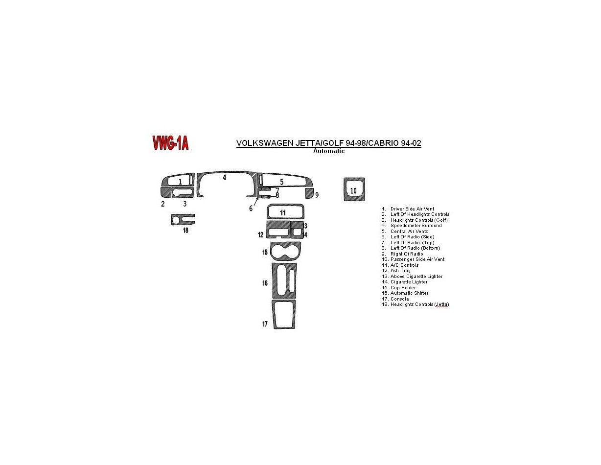 Volkswagen Golf 1994-1998 Automatic Gearbox, 18 Parts set BD innenausstattung armaturendekor cockpit dekor - 1- Cockpit Dekor In