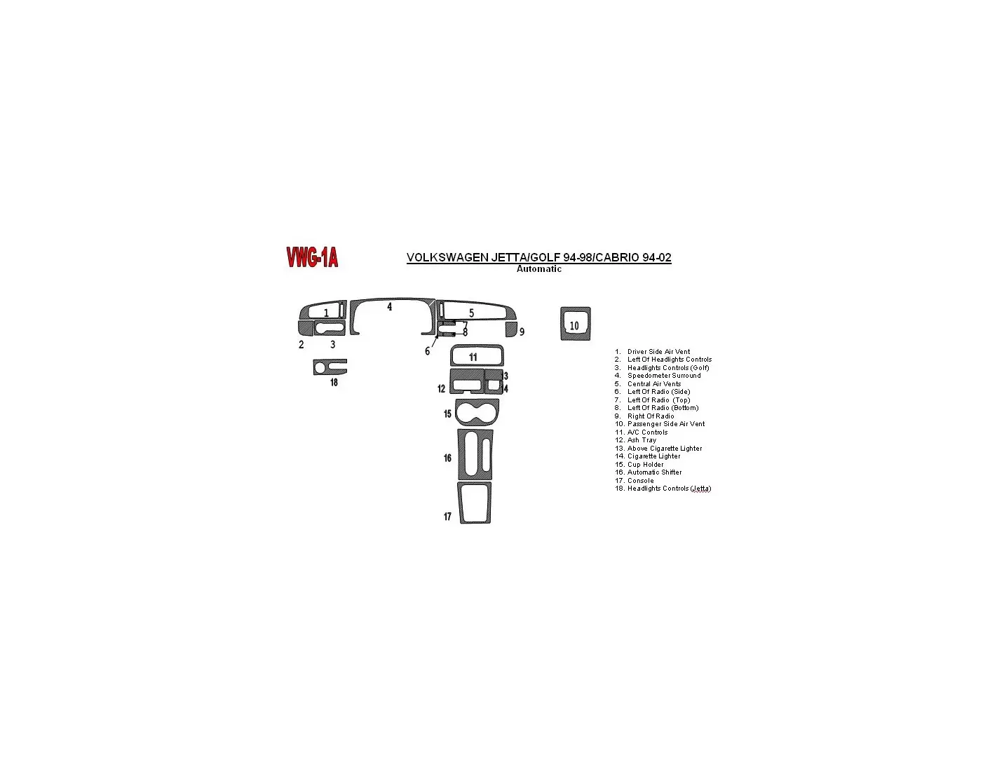 Volkswagen Golf 1994-1998 Automatic Gearbox, 18 Parts set Interior BD Dash Trim Kit