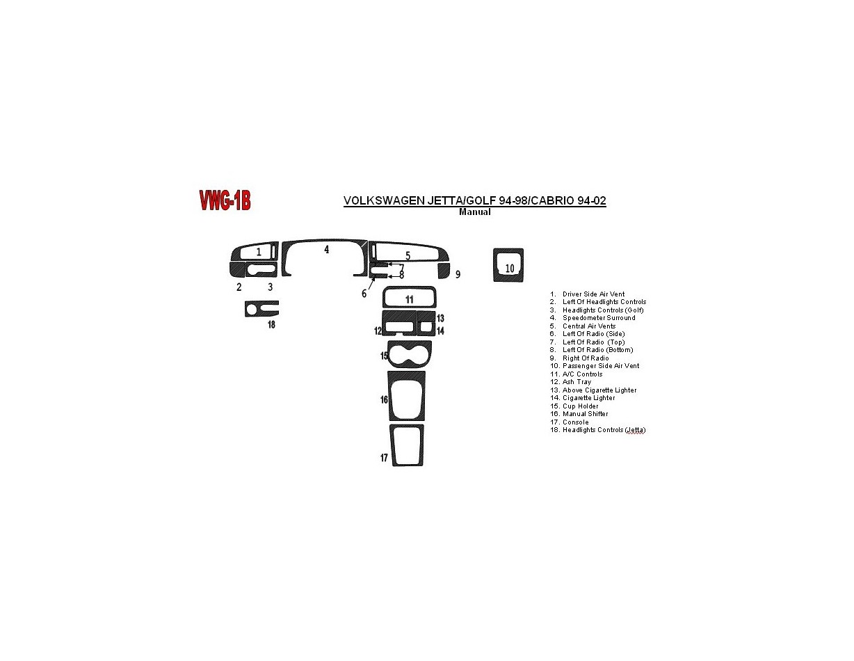 Volkswagen Golf 1994-1998 Manual Gearbox, 18 Parts set Interior BD Dash Trim Kit