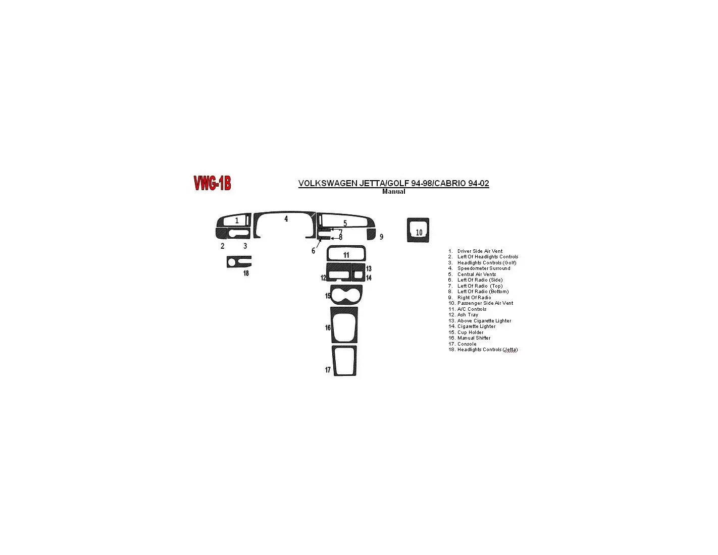 Volkswagen Golf 1994-1998 Manual Gearbox, 18 Parts set Interior BD Dash Trim Kit