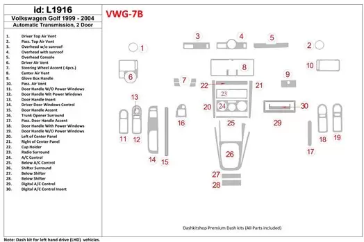 Volkswagen Golf 1999-2004 2 Doors, Automatic Gear Interior BD Dash Trim Kit