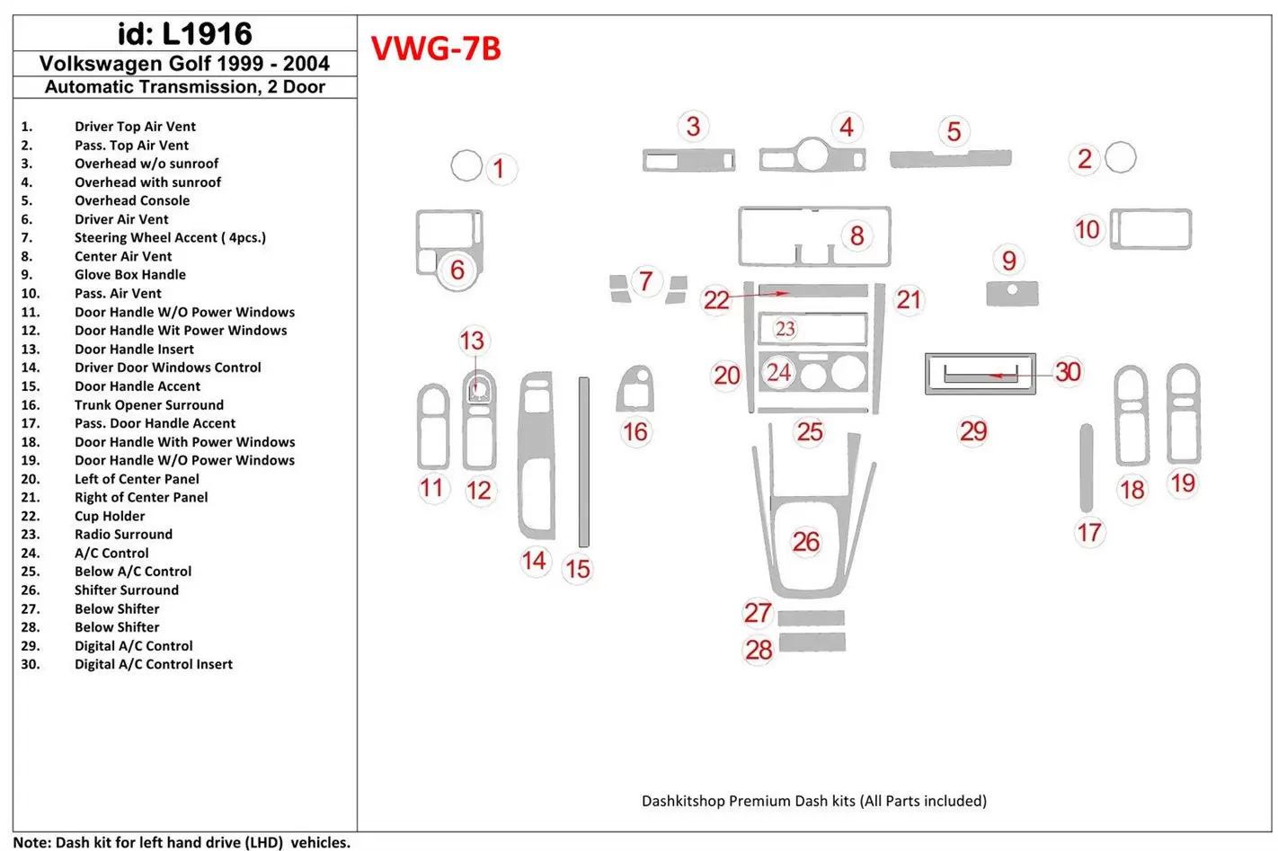 Volkswagen Golf 1999-2004 2 Doors, Automatic Gear Interior BD Dash Trim Kit