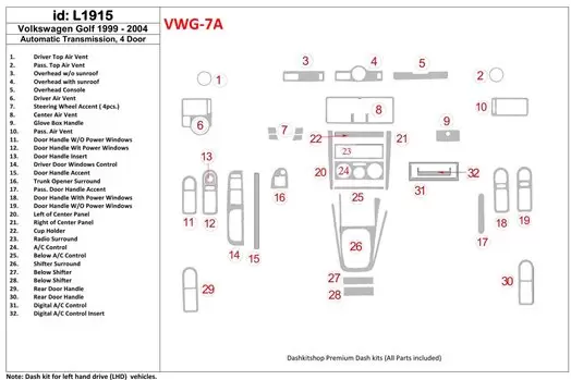 Volkswagen Golf 1999-2004 4 Doors, Automatic Gear Interior BD Dash Trim Kit