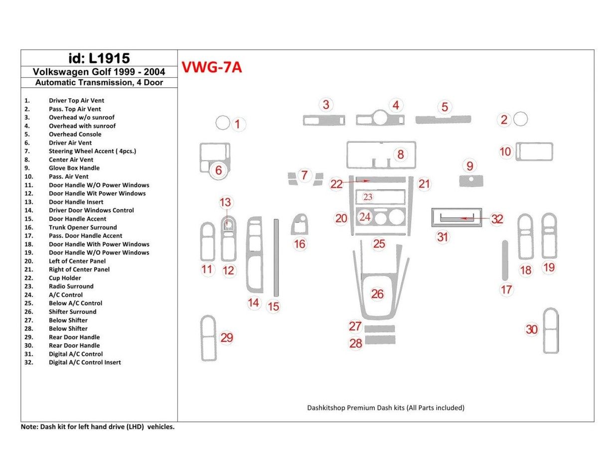 Volkswagen Golf 1999-2004 4 Doors, Automatic Gear BD innenausstattung armaturendekor cockpit dekor - 1- Cockpit Dekor Innenraum