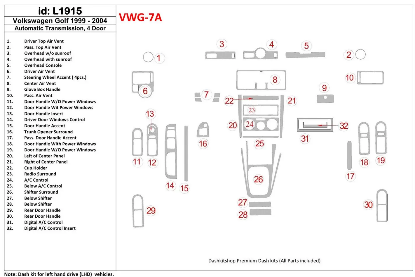 Volkswagen Golf 1999-2004 4 Doors, Automatic Gear Decor de carlinga su interior