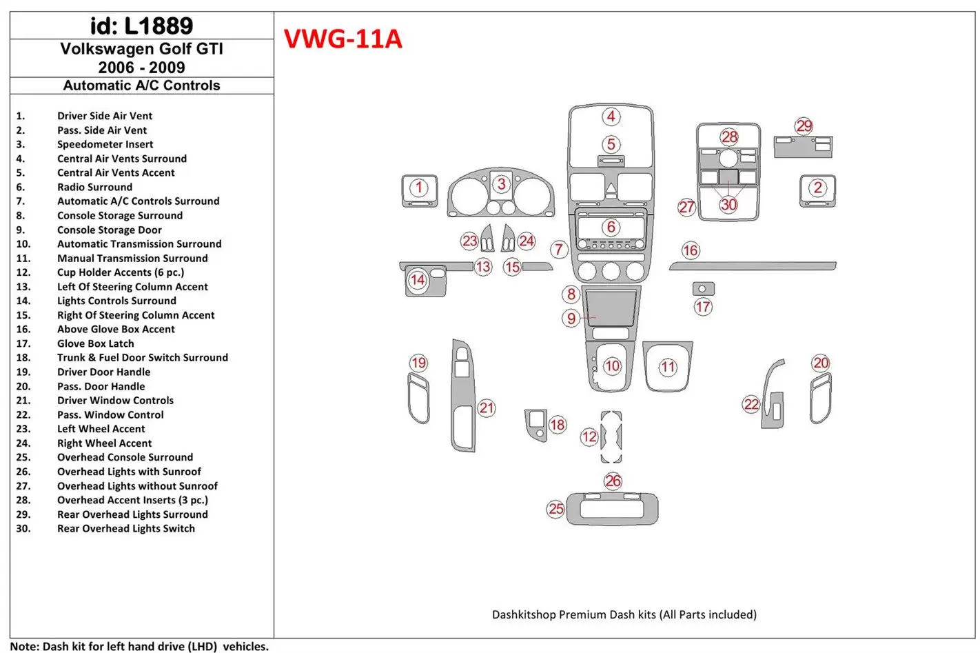 Volkswagen GTI 2006-UP Automatic Gearbox A/C Control Interior BD Dash Trim Kit