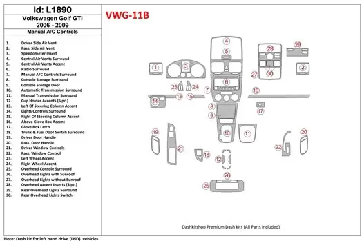 Volkswagen Golf V GTI 2006-UP Manual Gearbox A/C Control BD Interieur Dashboard Bekleding Volhouder