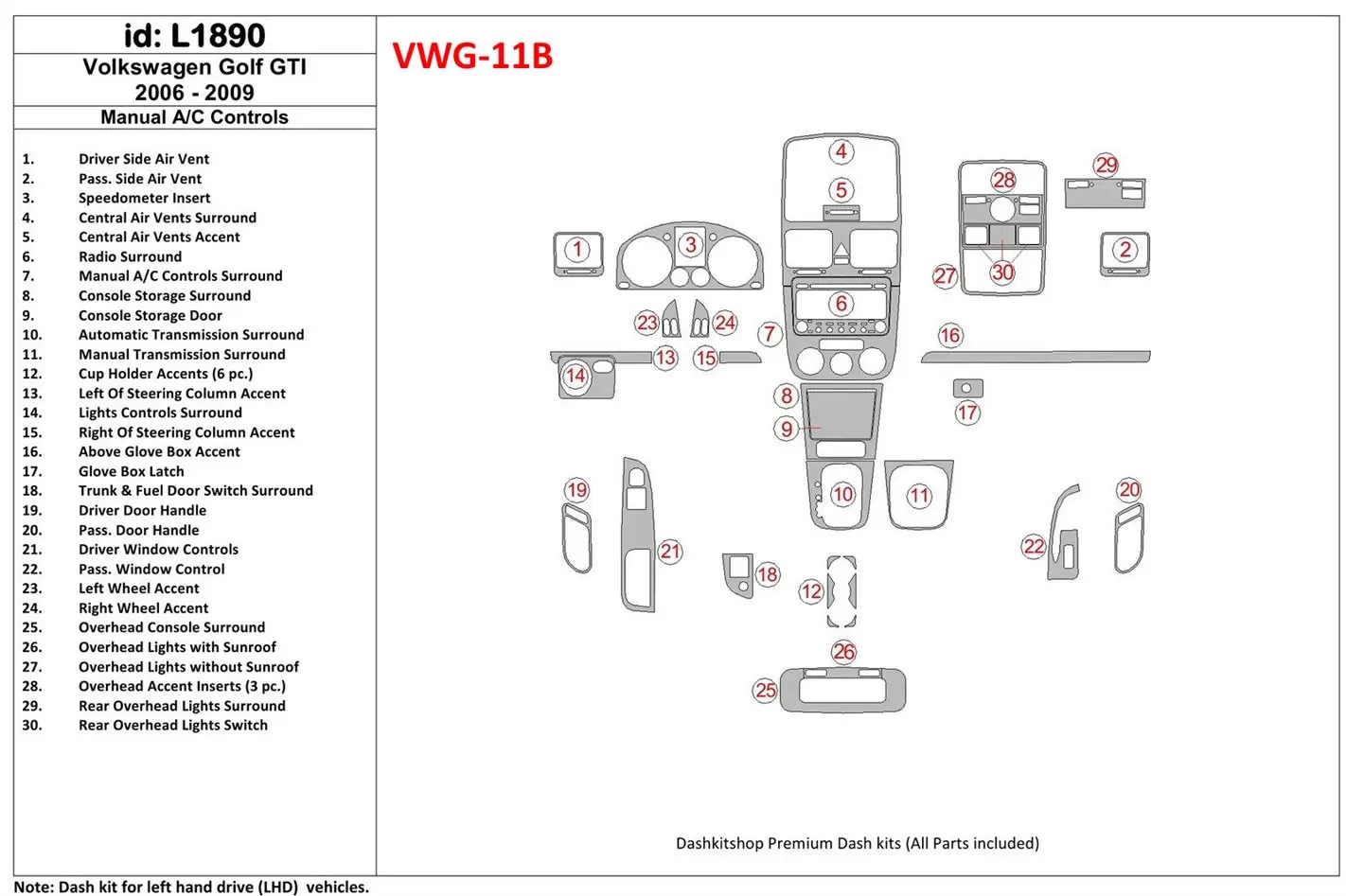 Volkswagen GTI 2006-UP Manual Gearbox A/C Control Interior BD Dash Trim Kit